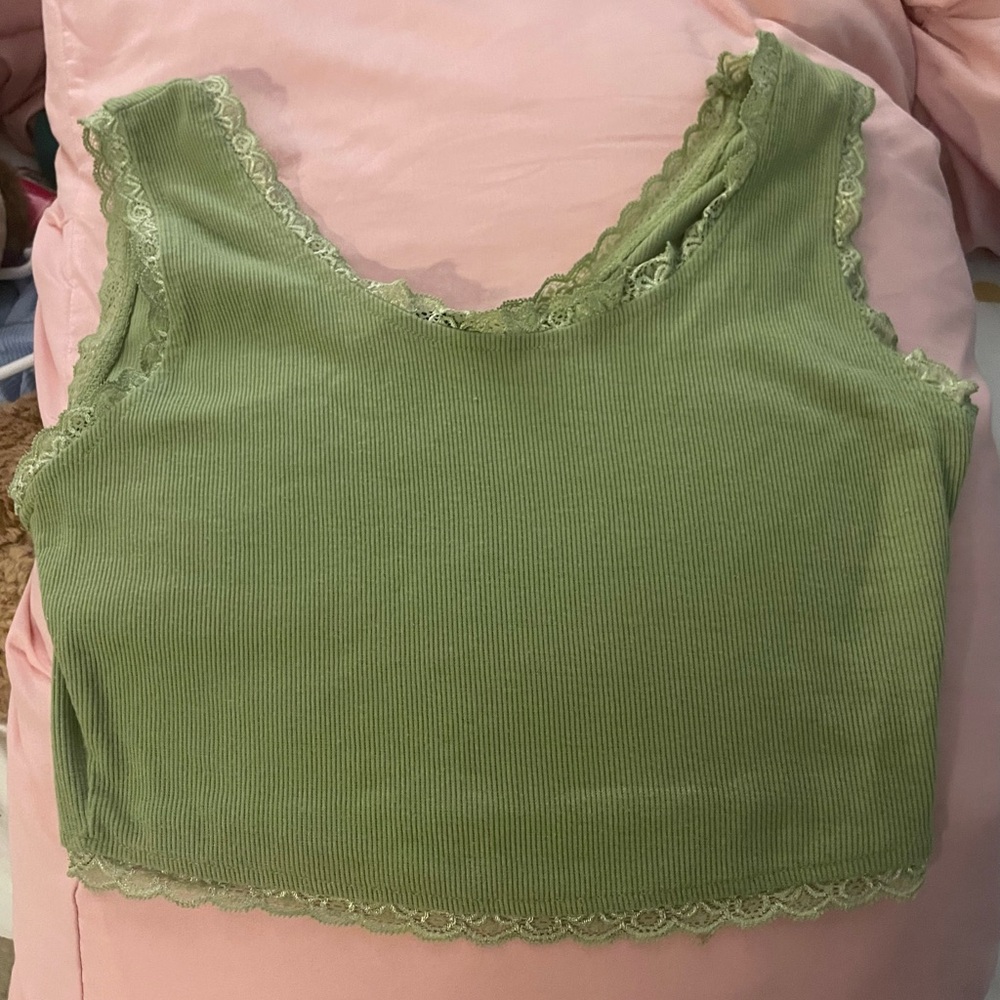 SHEIN Light Green Ribbed Lace-Trim Crop Tank